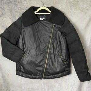 Sorel Goose Down Moto Jacket Women's Large Black Wool Sleeves Sherpa Collar